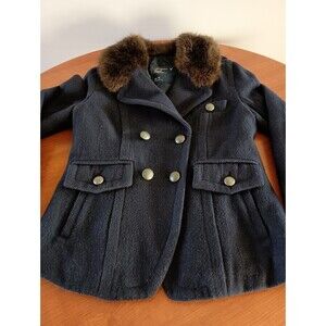 American Eagle Womens Coat Medium Blue Wool Fur Collar Double Breasted Peacoat